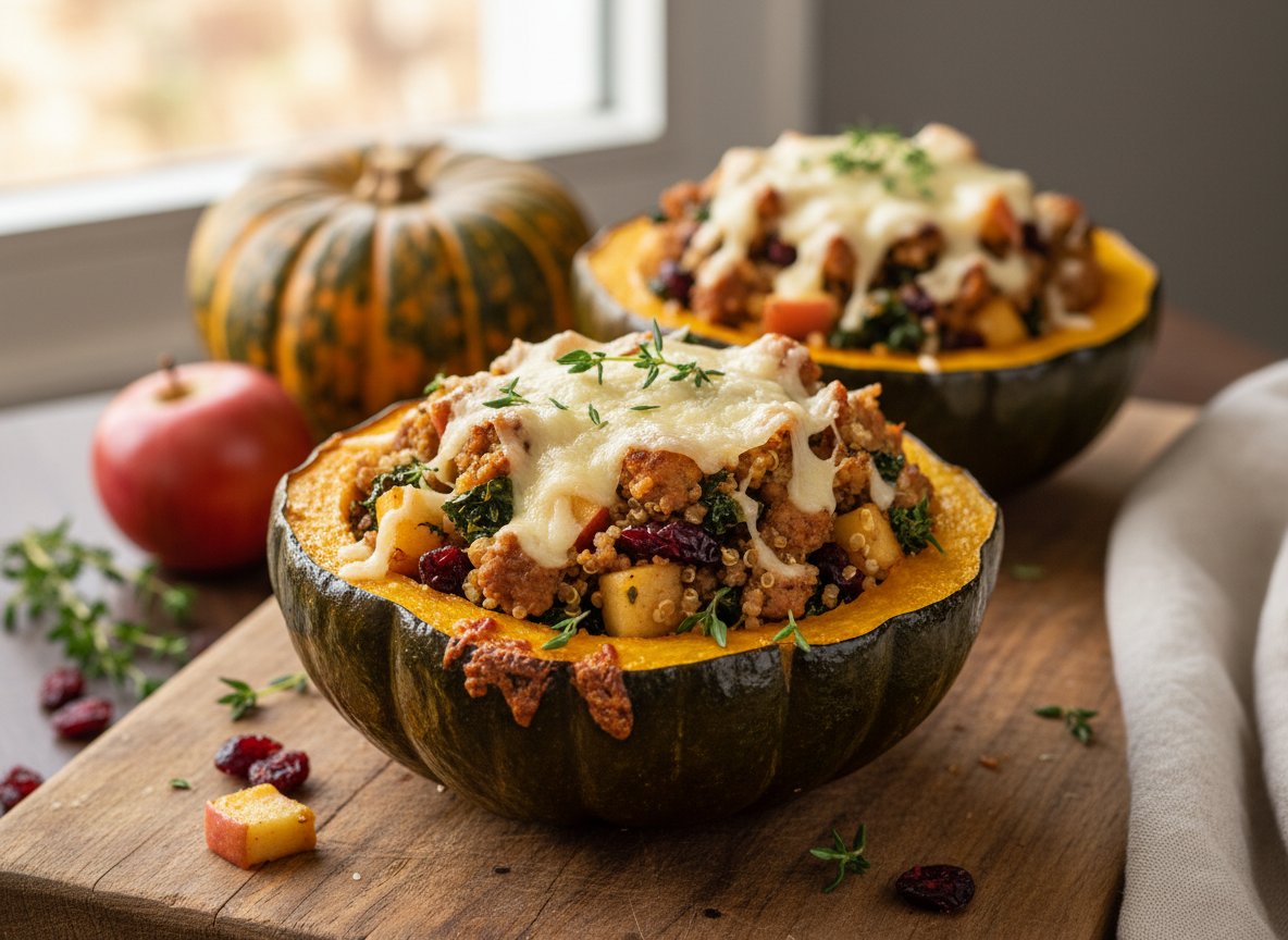 Harvest Stuffed Acorn Squash filled with ground turkey, quinoa, apple, cranberries and kale