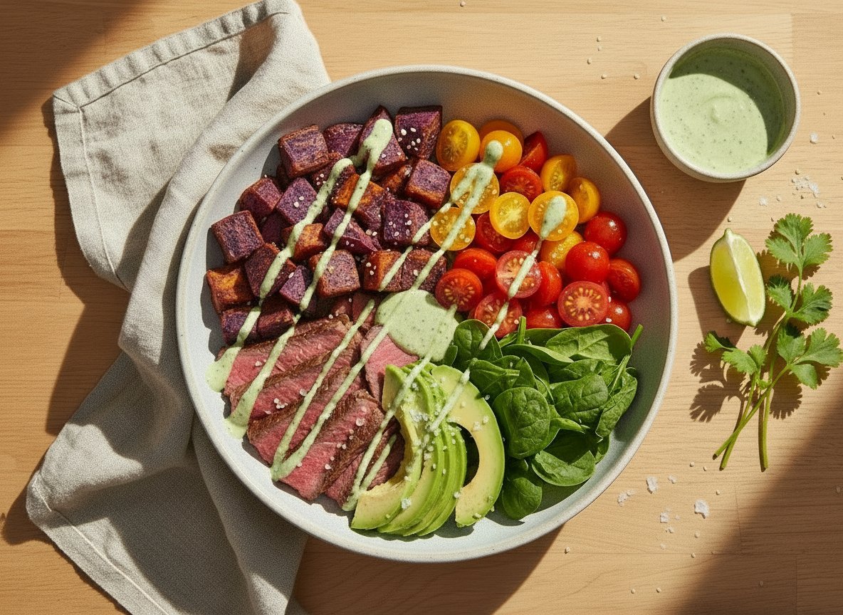 Steak & Sweet Potato Harvest Bowl — purple sweet potato, sliced steak, avocado, tomatoes, and spinach with cilantro-lime drizzle