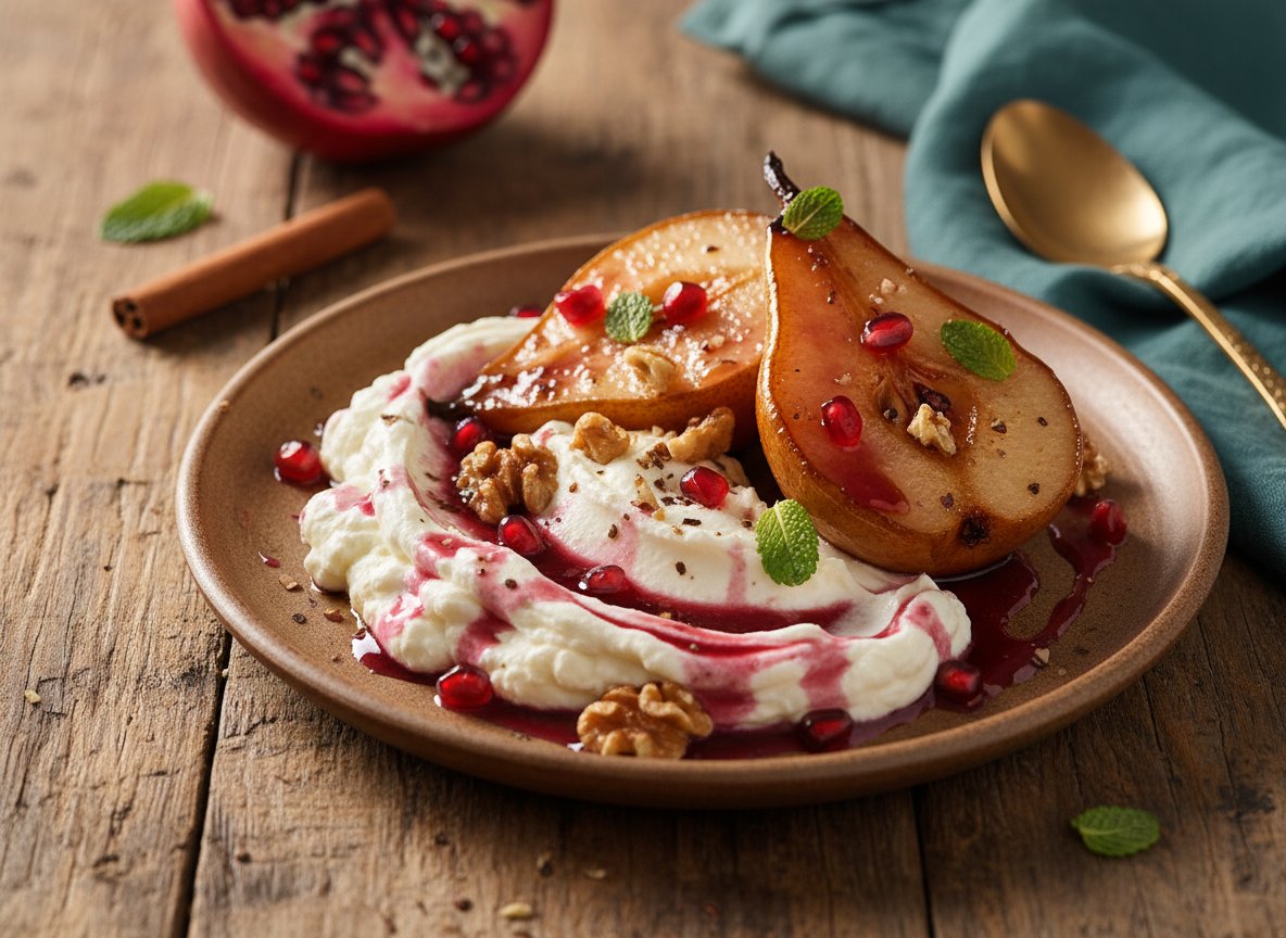 Roasted pear halves glazed with pomegranate syrup over whipped vanilla ricotta, topped with walnuts, pomegranate seeds, and mint
